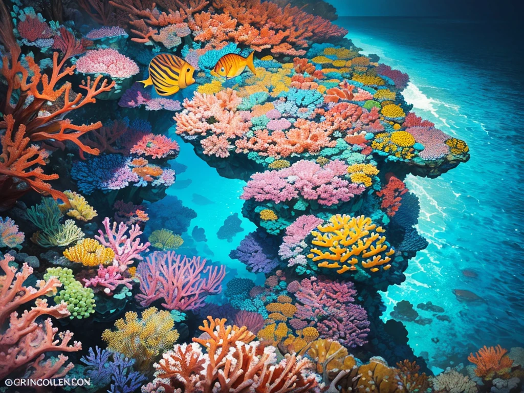 The breathtaking Great Barrier Reef in Australia, a majestic underwater world teeming with vibrant marine life. This detailed image is a stunning photograph capturing the intricate beauty of the coral reef system. Every color of the rainbow is represented in the coral formations, from vivid blues and greens to striking yellows and pinks. The depths of the ocean are alive with a flurry of activity, as schools of fish dart gracefully among the coral. This high-quality photograph truly transports viewers to this awe-inspiring aquatic wonderland, showcasing the natural splendor of the Great Barrier Reef in all its glory.
