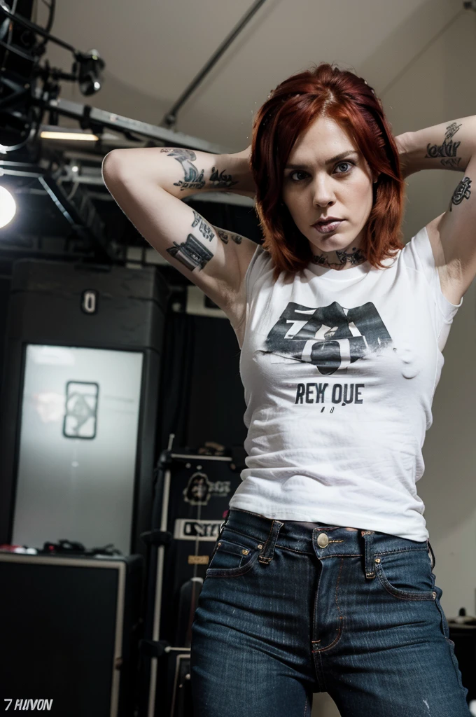 redhead, punk, black les paul guitar, 70's, stage, tattoos, angry, rage, jeans, white shirt