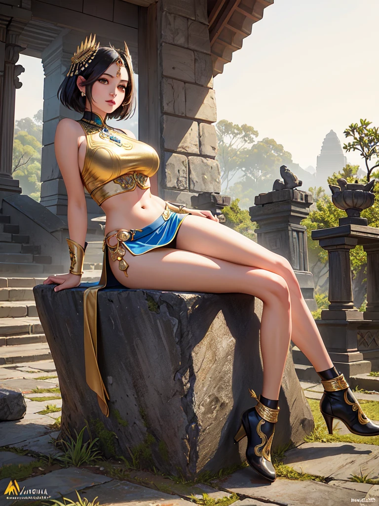 A Masterpiece, Highest quality. Photorealism style oil painting of a Stunning Beauty Voluptuous Javanese Female Warrior. Short hair. Galant expression. Wearing steel armor and blue mini skirt leather with slits, white knee socks, and black leather boots. Traditional gold and jewelry accessories. , beautiful shoulders, beautiful navel, beautiful legs. Sitting on the big boulder. Ancient Javanese ruins the background. HD image, full body image, wide angle, top to toes, very detailed anatomy, very detailed ornament and clothes, very detailed background.