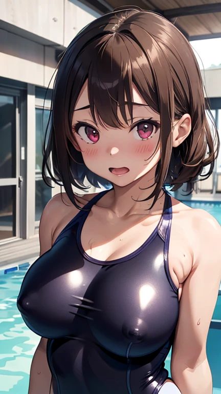 mastute piece,Best Quality,insanely detailed,8k cg,nsfw,
(shoot upper body:1.3),
(1girls:1.3),standing,looking at viewr,body in front,both arms behind back,(school competition swimsuit:1.3),(bare breasts:1.1),(bare nipples:1.1),
break,
blush,shy,(ecstasy face),(trembling:1.2),break,(light brown hair:1.2),
break,
perfect breasts,perfect teats,(open mouth:0.9),(large breasts:1.2),
(poolsaid)、
