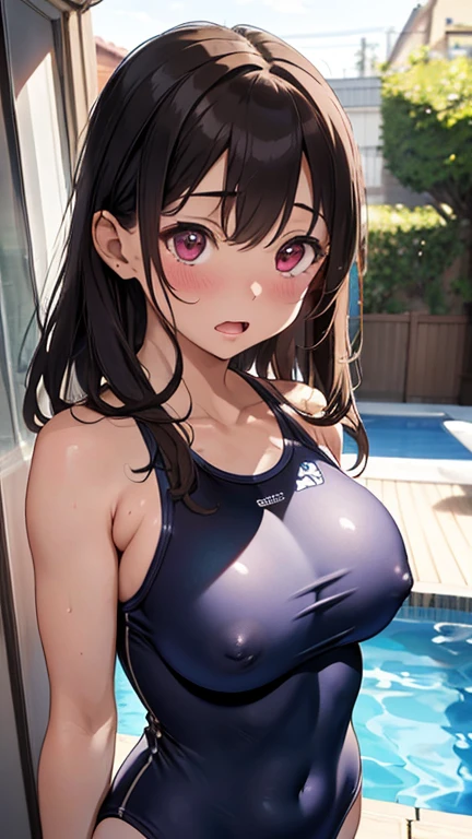 mastute piece,Best Quality,insanely detailed,8k cg,nsfw,
(shoot upper body:1.3),
(1girls:1.3),standing,looking at viewr,body in front,both arms behind back,(school competition swimsuit:1.3),(bare breasts:1.1),(bare nipples:1.1),
break,
blush,shy,(ecstasy face),(trembling:1.2),break,(light brown hair:1.2),
break,
perfect breasts,perfect teats,(open mouth:0.9),(large breasts:1.2),
(poolsaid)、