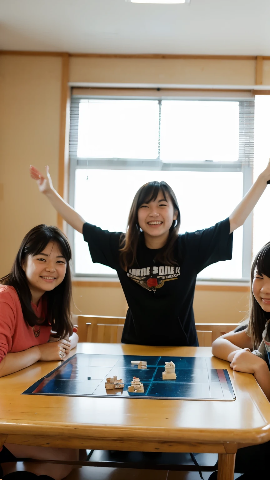 Play board games,15 years old,,4 people,indoor,smile,Japanese,great joy,raise your hands and rejoice