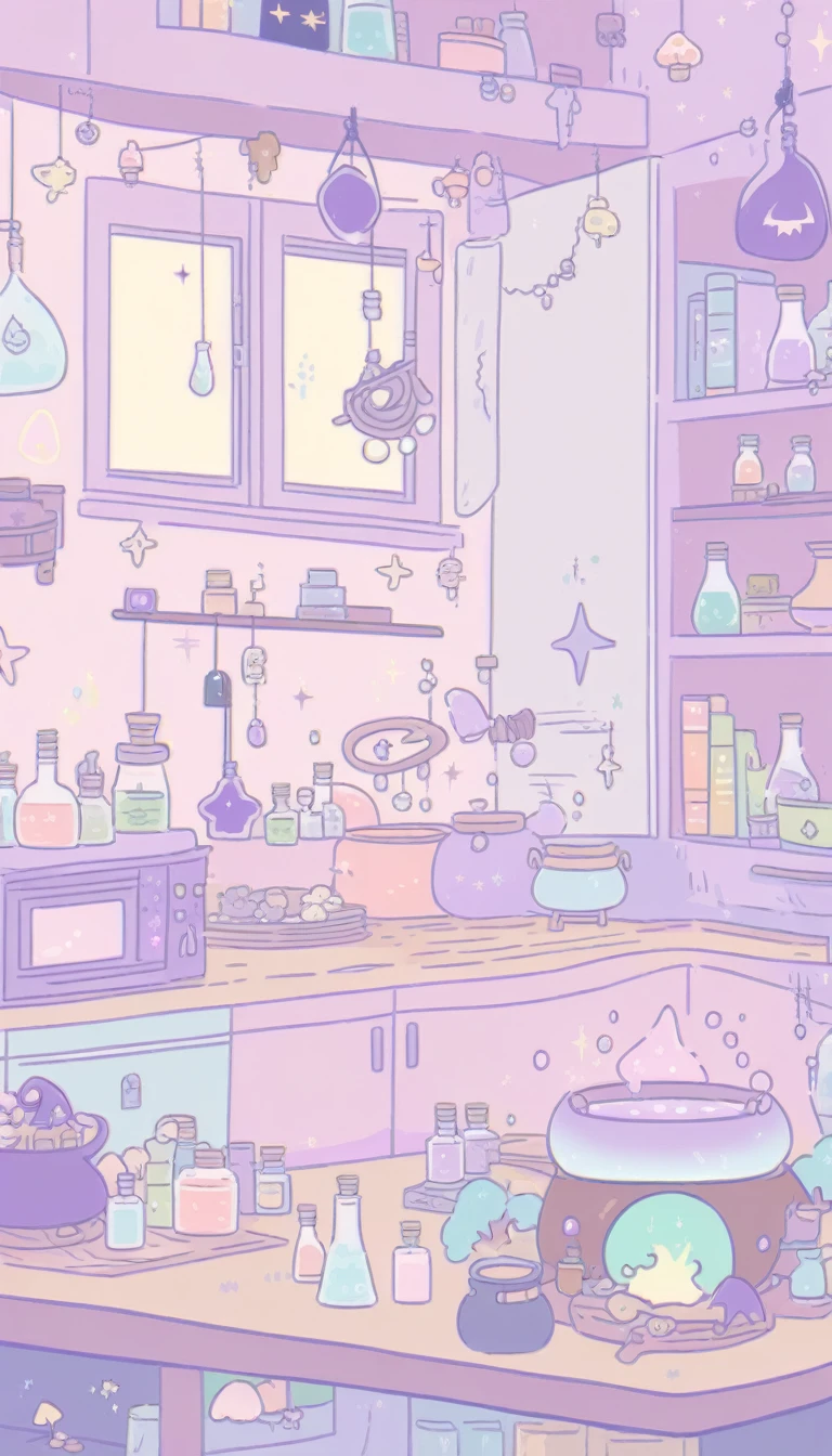 cute, witchy, kitchen, with bubbling cauldron, light colors, pastel colors, potions, books, magical mushrooms