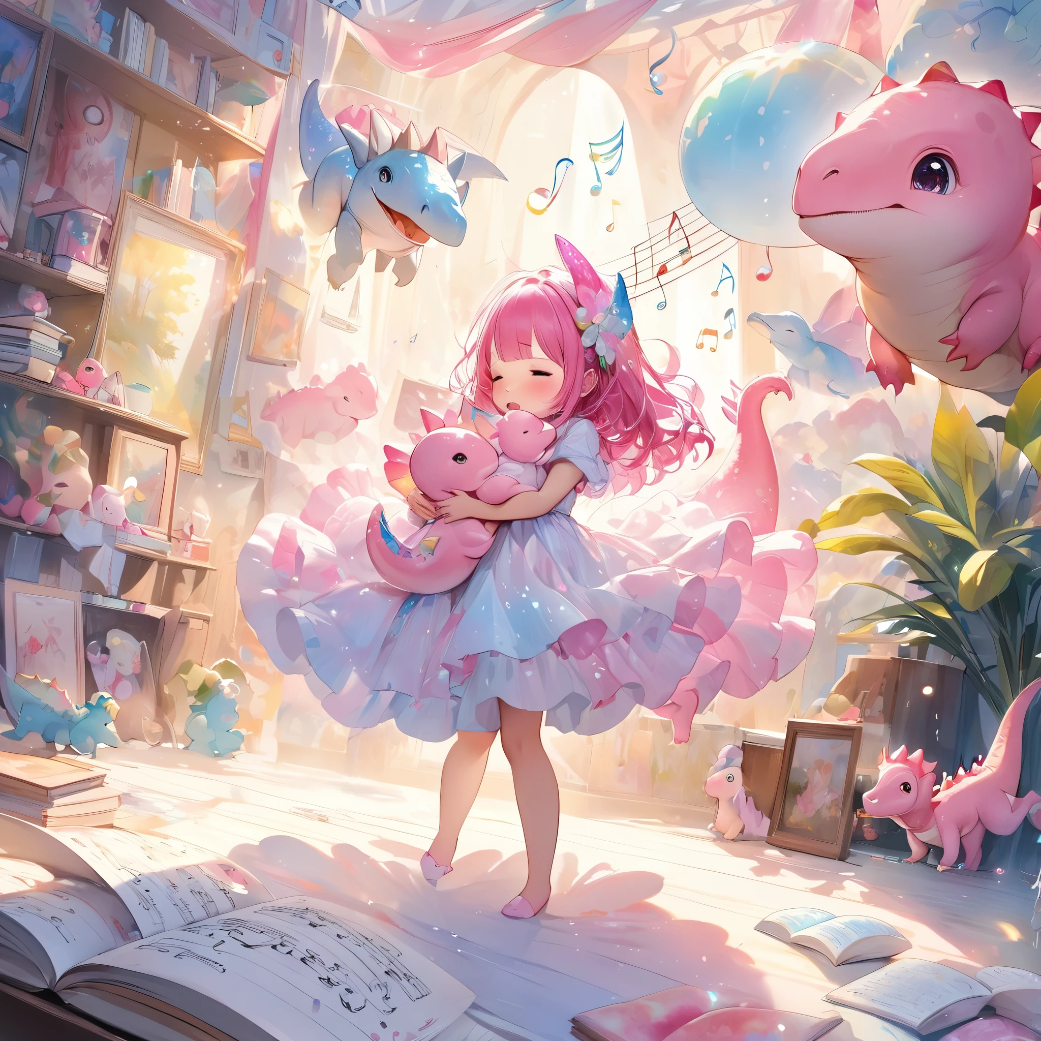 fusion of watercolors and oil paintings, best quality, super fine, 16k, incredibly absurdres, extremely detailed, 2.5D, delicate and dynamic depiction, little (hot pink:1.4) baby dinosaur and a human girl, taking a nap while singing a lullaby, dancing notes, fluffy and gentle cute picture book style, pastel and vivid glittering effects