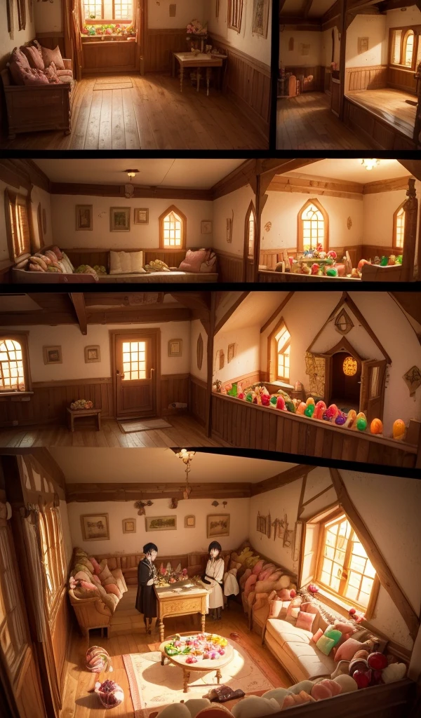 (Anime style:1.5), (highly detailed), (interior of candy house:1.7), (warm and inviting), (1 boy with black hair in brown peasant clothes:1.7 and 1 girl with black hair in a white dress:1.7 eagerly eating sweets at a large candy-covered table), (cozy fireplace with flickering flames), (detailed candy and food all around), (homely and deceptive atmosphere)