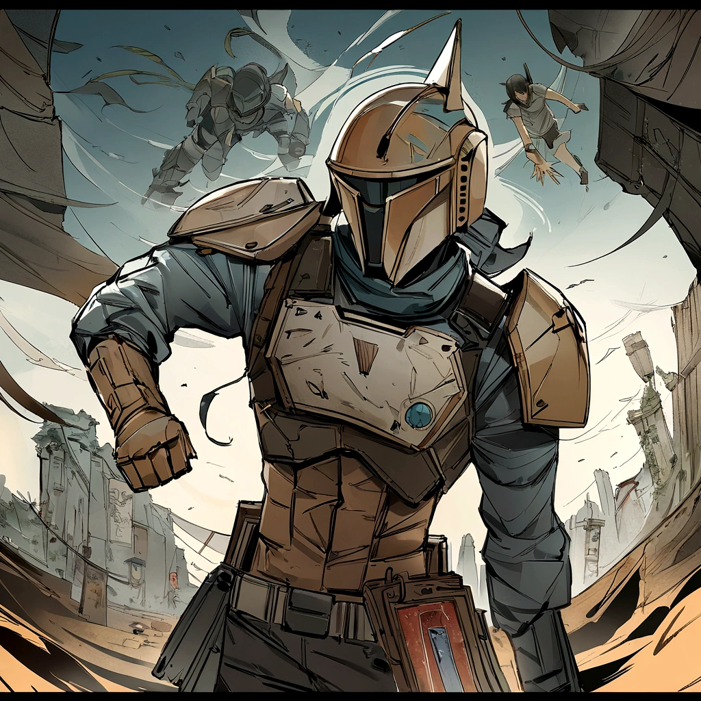 The Mandalorian playing a slot machine Drawing in ink, Digital illustration, Comic strip style, acuarela, Art Station Style, arte conceptual, 2 d illustration, por Peter Draw, por Carne Griffiths, por Wadim Kashin, cuerpo completo, centrado, detallado, Suave, dynamic pose, --v 5.1 --ar 3:4