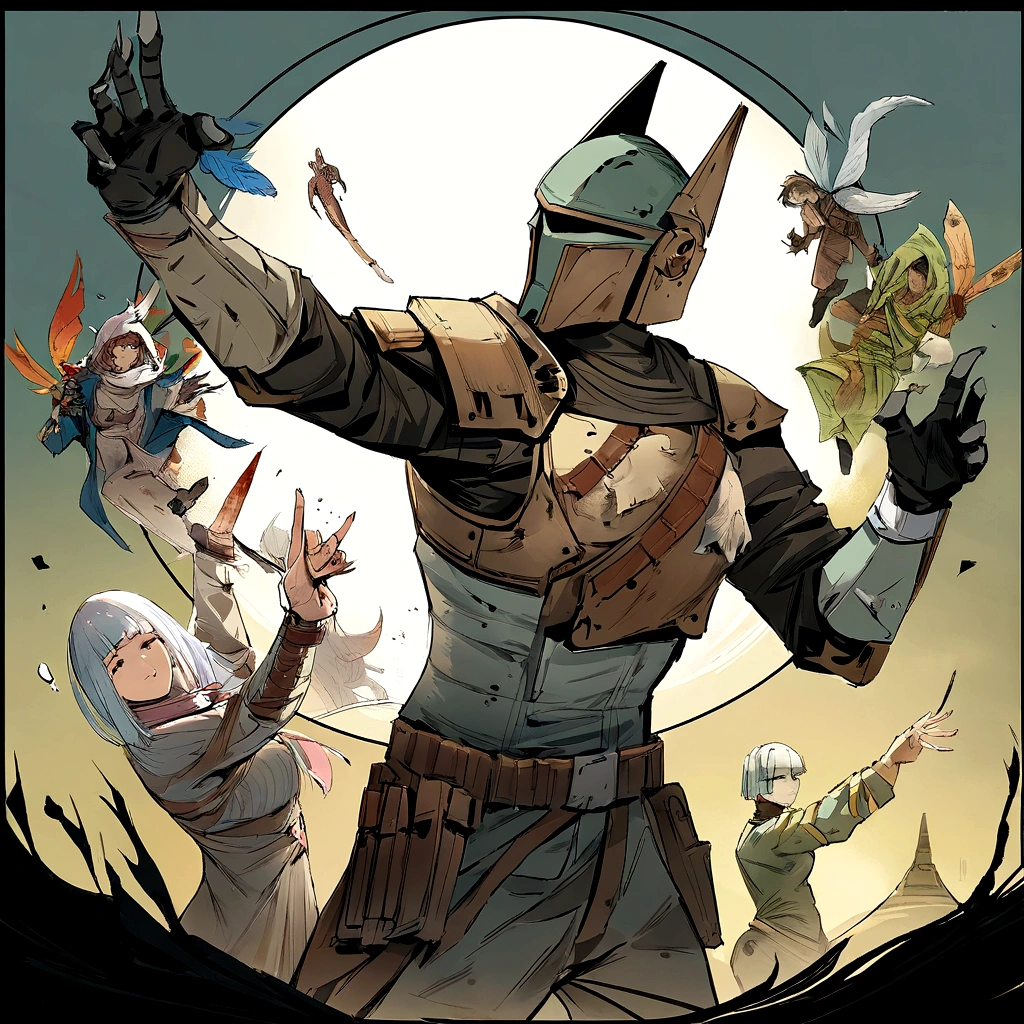 The Mandalorian playing a slot machine Drawing in ink, Digital illustration, Comic strip style, acuarela, Art Station Style, arte conceptual, 2 d illustration, por Peter Draw, por Carne Griffiths, por Wadim Kashin, cuerpo completo, centrado, detallado, Suave, dynamic pose, --v 5.1 --ar 3:4