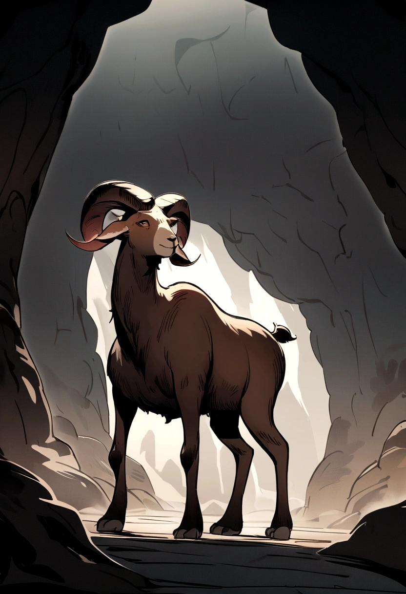 Dungeons and dragons, old goat-devil, big horns, goat hooves, skinny, fragile, hunchback, reddish, full body, cave background