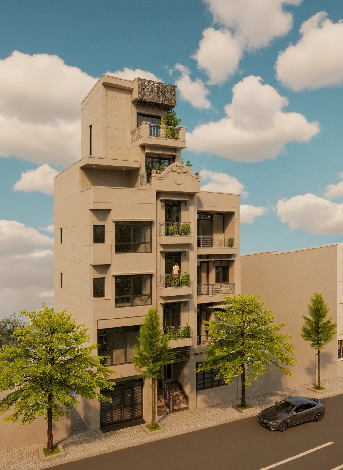 Raw photo,Masterpiece, high quality, best quality, authentic, super detail,
exterior, outdoors, house style neoclassic on the street ,aiaigroup, car, human, man, girl, motobike
road,pavement, grass, trees, sky, cloud, (day:1.1)