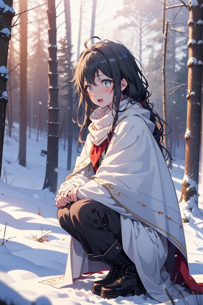 Yukino, yukino yukinoshita, Black Hair, blue eyes, Long Hair, Ahoge,smile,blush,White Breath,
Open your mouth,snow,Ground bonfire, Outdoor, boots, snowing, From the side, wood, suitcase, Cape, Blurred, forest, White handbag, nature, Squat, Mouth closed, フードed Cape, winter, Written boundary depth, Black shoes, red Cape break looking at viewer, Upper Body, whole body, break Outdoor, forest, nature, break (masterpiece:1.2), Highest quality, High resolution, unity 8k wallpaper, (shape:0.8), (Beautiful and beautiful eyes:1.6), Highly detailed face, Perfect lighting, Extremely detailed CG, (Perfect hands, Perfect Anatomy),