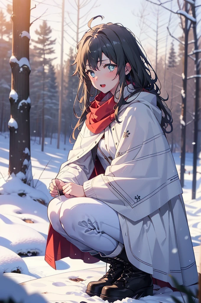 Yukino, yukino yukinoshita, Black Hair, blue eyes, Long Hair, Ahoge,smile,blush,White Breath,
Open your mouth,snow,Ground bonfire, Outdoor, boots, snowing, From the side, wood, suitcase, Cape, Blurred, forest, White handbag, nature, Squat, Mouth closed, フードed Cape, winter, Written boundary depth, Black shoes, red Cape break looking at viewer, Upper Body, whole body, break Outdoor, forest, nature, break (masterpiece:1.2), Highest quality, High resolution, unity 8k wallpaper, (shape:0.8), (Beautiful and beautiful eyes:1.6), Highly detailed face, Perfect lighting, Extremely detailed CG, (Perfect hands, Perfect Anatomy),