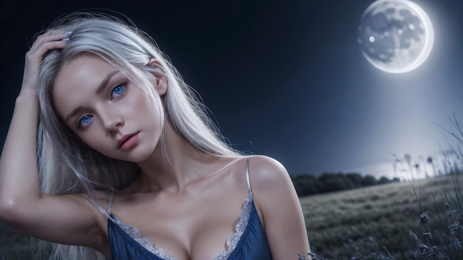 (a European girl touching her hair, blue eyes, short black transparent nightgown, skinny, showing cleavage, silver blonde hair, pale face), meadow,, (night time: 1.4), (dim moonlight:1.2), dark environment, windy, high quality photo, photo realistic, extremely detailed, highly detailed face, ultra HD, realistic film shader