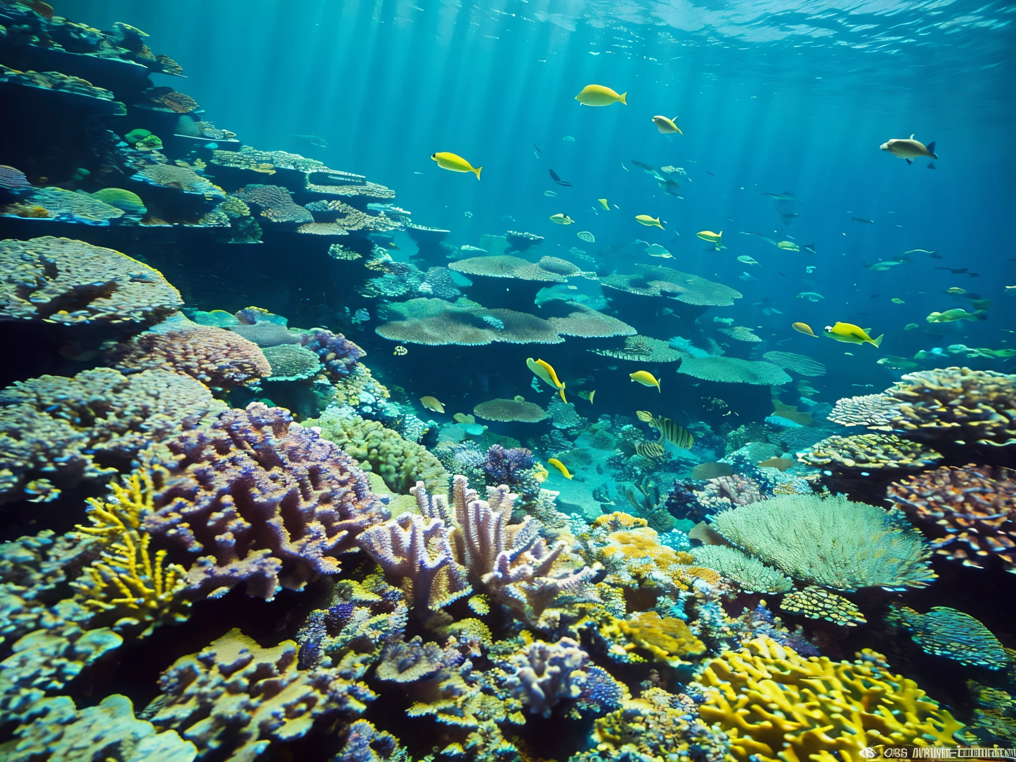 The breathtaking Great Barrier Reef in Australia, a majestic underwater world teeming with vibrant marine life. This detailed image is a stunning photograph capturing the intricate beauty of the coral reef system. Every color of the rainbow is represented in the coral formations, from vivid blues and greens to striking yellows and pinks. The depths of the ocean are alive with a flurry of activity, as schools of fish dart gracefully among the coral. This high-quality photograph truly transports viewers to this awe-inspiring aquatic wonderland, showcasing the natural splendor of the Great Barrier Reef in all its glory.