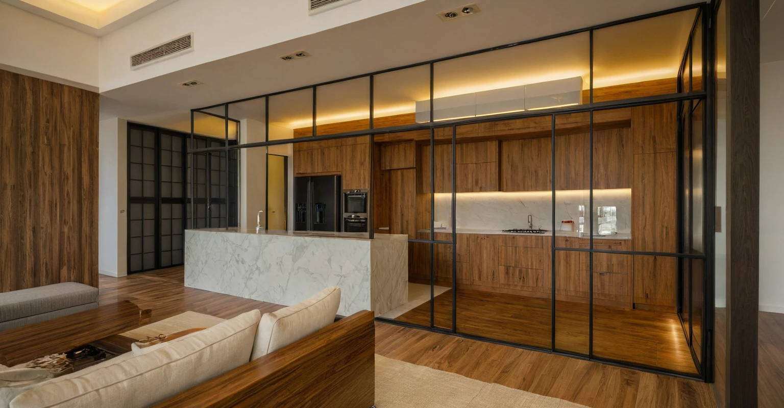 Raw photo, Masterpiece, high quality, best quality, authentic, super detail, interior, indoors, style Indochine modern, minimalist line, wooden, walnut veneer wood, led light, white paint wall, sofa, daylight, atrium, LIVING ROOM, PEN HOUSE, kitchen, japan style, wasabi style, Jen style
