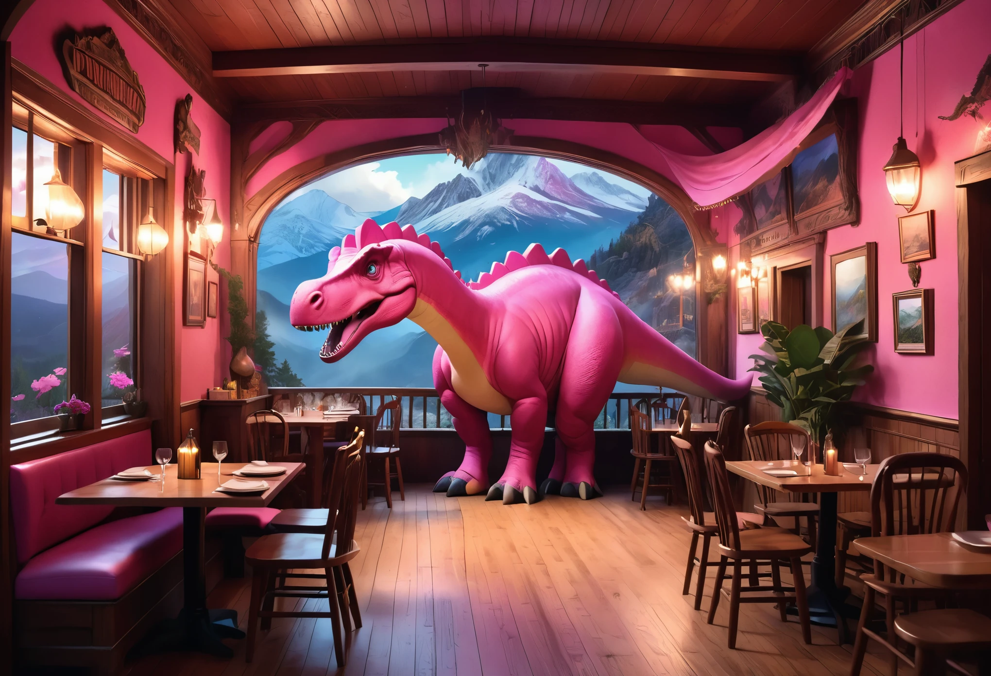 A Western restaurant in the mountains owned by a giant pink dinosaur,Pink dinosaur goes on a rampage, Intricate details, Stunning paintings, Very detailed, Realistic, 8K, Highest quality, Dramatic lighting, Gloomy atmosphere, Warm tones, Cozy interior, Wooden furniture, Glowing Fireplace, Delicate texture, Glamorous decoration, Mysterious, Whimsical, Fantasy