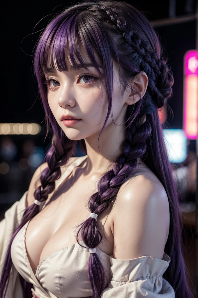 1 girl, blunt bangs, braid, wide sleeves, hair ornament, japanese clothes, red obi, (purple hair:1.2), very long hair, Straight hair, looking at the viewer, very detailed background, (realistic photo:1.2), detailed eyes, red eye shadow, depth of field,airtight, (ulzzang-6500:0.7), Upper part of the body, (Alone:1.2), (cyberpunk city:1.1), neckline, (finger on lips:1.1),shiny skin