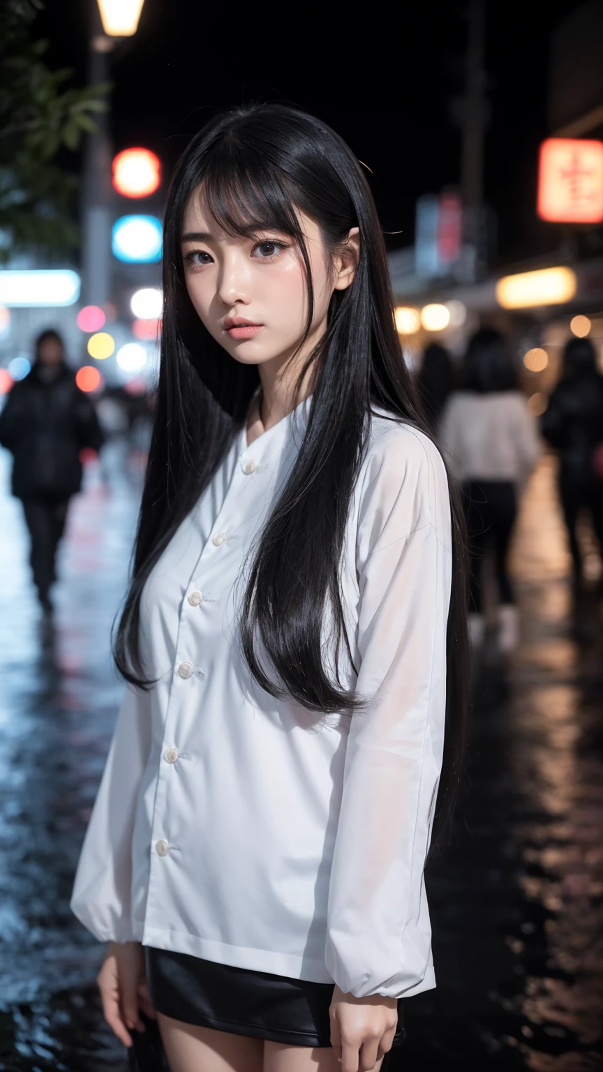 1 Girl,独自of,Long hair,粗糙of皮肤,湿of头发,黑暗of,Polaroid,(depth_of_site:1.5),rain,outdoor,street,Mood lighting,Tyndall effect,light,night,