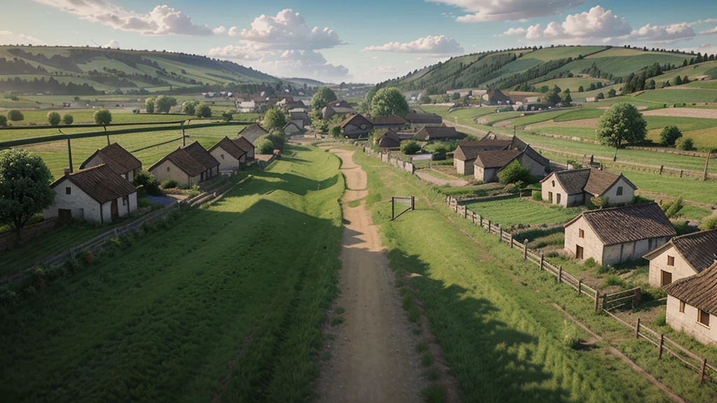 Pixar, 3d animation, 3d render, there is a painting of a rural village with a path through it, anime countryside landscape, distant village background, countryside, countryside city scene, background artwork, background art, cartoon background art, amazing background, anime scenery concept art, some houses in the background, scenery artwork, distant villagescape, scenery game concept art, beautiful digital painting, russian villages at background