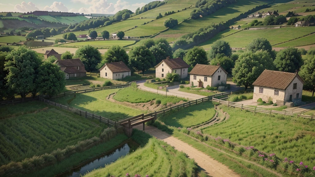 Pixar, 3d animation, 3d render, there is a painting of a rural village with a path through it, anime countryside landscape, distant village background, countryside, countryside city scene, background artwork, background art, cartoon background art, amazing background, anime scenery concept art, some houses in the background, scenery artwork, distant villagescape, scenery game concept art, beautiful digital painting, russian villages at background