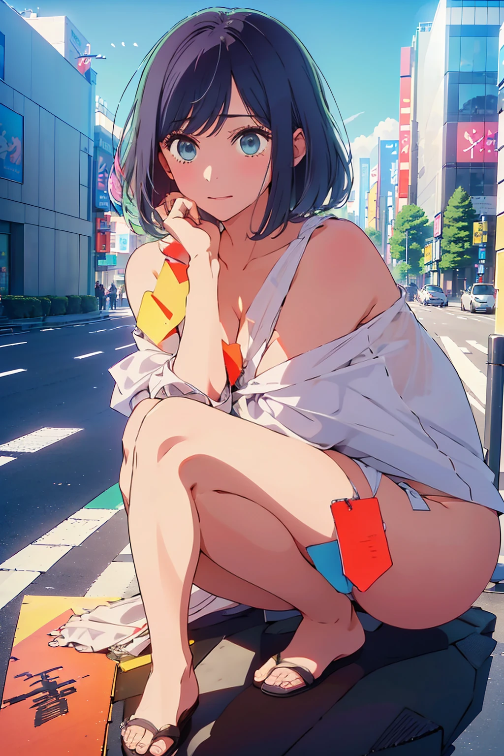 (Highest quality:1.4、masterpiece:1.4、Super detailed:1.4、Ultra-high resolution:1.4、8K:1.4)、Slim body、Big Breasts、((((1 person、Surprised expression、In the background are the urban buildings of Tokyo、looking at the camera、Shibuya Crossing in Tokyo、Get up close and take a photo、Very cute face))))、((((nude、very beautiful areola))))、(Pose with hands tucked behind ears:1.4、Cheek resting on hand:1.4、squat)、(((Black off-shoulder blouson)))、valley、Very blue sky、A completely cloudless sky
