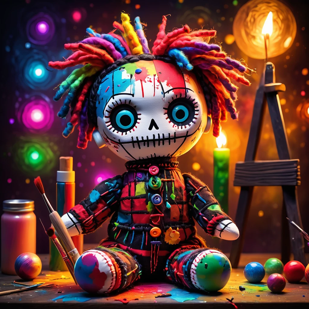 (knitted toy voodoo doll:1.7), (Voodoo Abstract Artist:1.3), (Clothing: paint-splattered smock with glowing patterns:1.0), (Accessories: magical paintbrush, glowing palette, enchanted canvas:1.2), (background: art studio with floating paint blobs, glowing easel, and mystical light:1.2), best quality, masterpiece, detailed soft oil painting, detailed background, dramatic cinematic lighting, soft edge lighting, professional, dramatic lighting, hard edge lighting, ultra quality, 4k,masterpiece, best quality, 8k, ultra highres, highres, extremely detailed