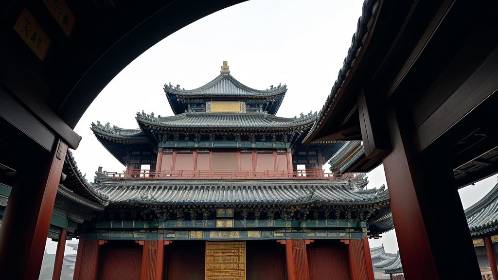 Building with clock on the roof in the style of a Van Gogh painting, Chinese architecture, in line with ancient Chinese aesthetics, Chinese architecture, architectural shots, complex architecture, complex roof, a temple, Chinese style, viewed from slightly below, ancient Chinese tower, architectural layers, pagoda, a temple, Chinese palace, New China, temple background