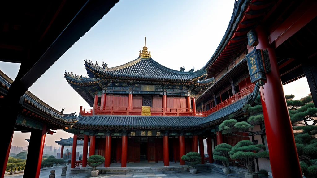 Building with clock on the roof in the style of a Van Gogh painting, Chinese architecture, in line with ancient Chinese aesthetics, Chinese architecture, architectural shots, complex architecture, complex roof, a temple, Chinese style, viewed from slightly below, ancient Chinese tower, architectural layers, pagoda, a temple, Chinese palace, New China, temple background