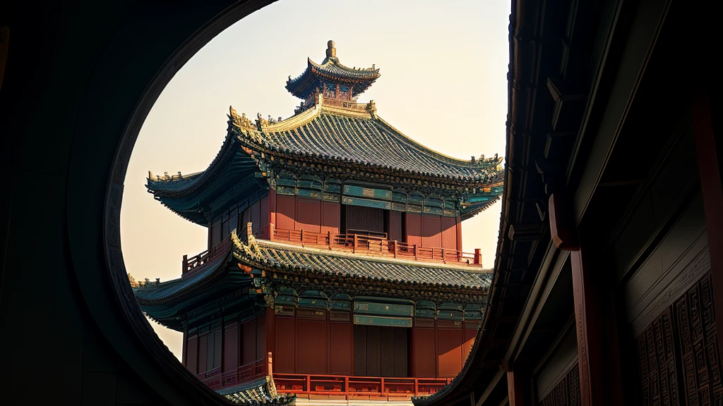 Building with clock on the roof in the style of a Van Gogh painting, Chinese architecture, in line with ancient Chinese aesthetics, Chinese architecture, architectural shots, complex architecture, complex roof, a temple, Chinese style, viewed from slightly below, ancient Chinese tower, architectural layers, pagoda, a temple, Chinese palace, New China, temple background