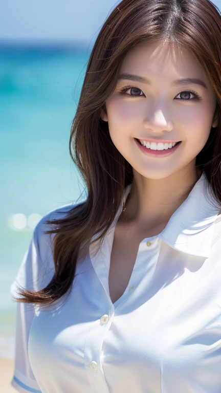 ((Highest quality、Tabletop、8K、Best image quality、Very complex and detailed))、(1 person photo:1.1)、(Look at me with your best smile:1.1)、(きれいなSandy Beach:1.1)、(White polyester high short sleeve collar shirt:1.1)、(The perfect short sleeve collared shirt:1.1)、Accentuate your body lines、The most natural and perfect sea background、最も澄んだBeautiful sea、(Very large breasts:1.1)、(Face close-up:1.2)、Glamorous Body、Hair swaying in the wind、Sandy Beach、Beautiful sea、The clearest and most shining sea、Complex sea glow、The most detailed and realistic ocean、Beautiful seaの詳細が描かれています、(Very brightly lit face:1.2)、Ultra-high definition beauty face、(Ultra high resolution perfect beautiful teeth:1.1)、Ultra HD Hair、Ultra HD Shining Eyes、(Pure white skin shining in ultra-high resolution:1.2)、Super high quality glossy lip、The cutest gravure pose、(Very bright and vivid:1.2)、(Very bright:1.2)、(Very refreshing:1.1)、(Glowing white beautiful skin:1.2)、(Very strong exposure:1.2)、(Pure white skin that shines Very brightly:1.2)、(Very strong highlights:1.2)、(Very bright and glowing skin:1.2)、Blurred Background,Big Breasts