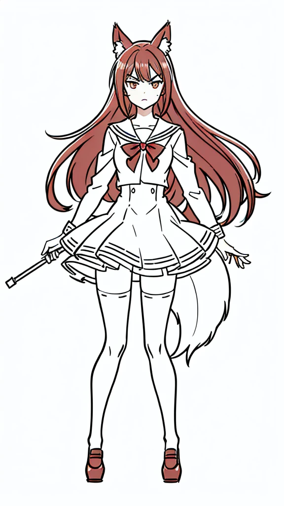 1girl ,20s,angry face,(red hair),long hair,fox ears,(white background, line drawing),serafuku, thighhighs