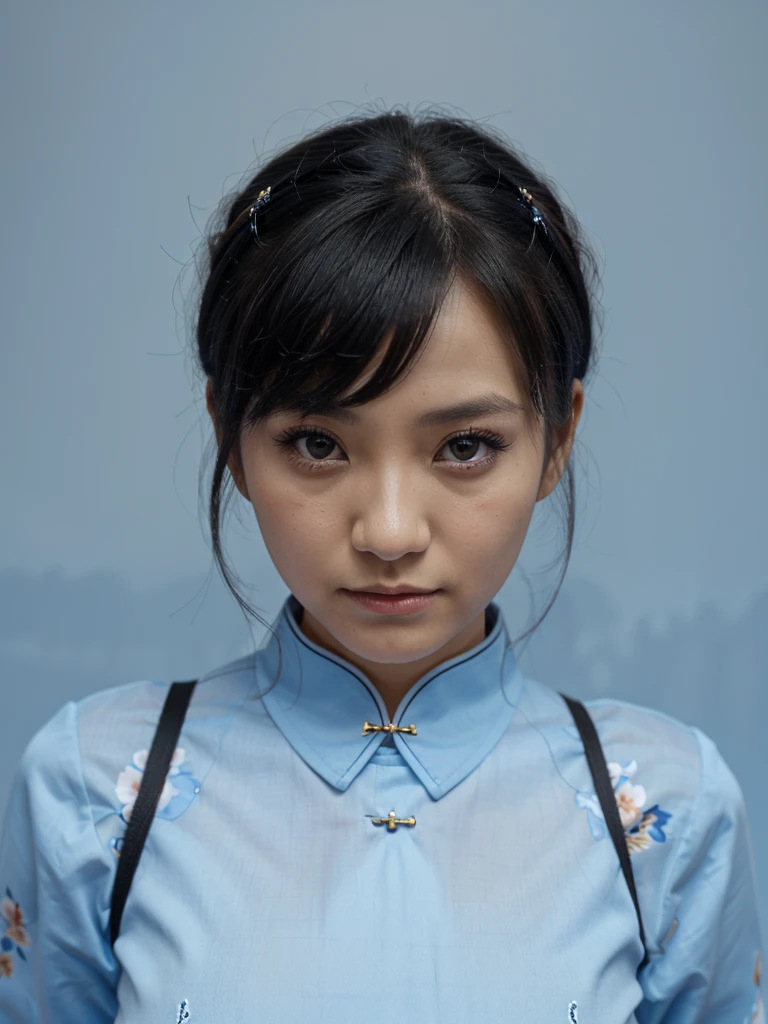 Woman 1 looks straight at the viewer, a cute face, big black beetle eyes. Two black hair ties with blue bows, a light blue cheongsam. beijing flower background