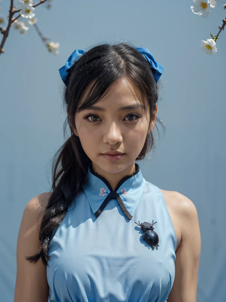 Woman 1 looks straight at the viewer, a cute face, big black beetle eyes. Two black hair ties with blue bows, a light blue cheongsam. beijing flower background