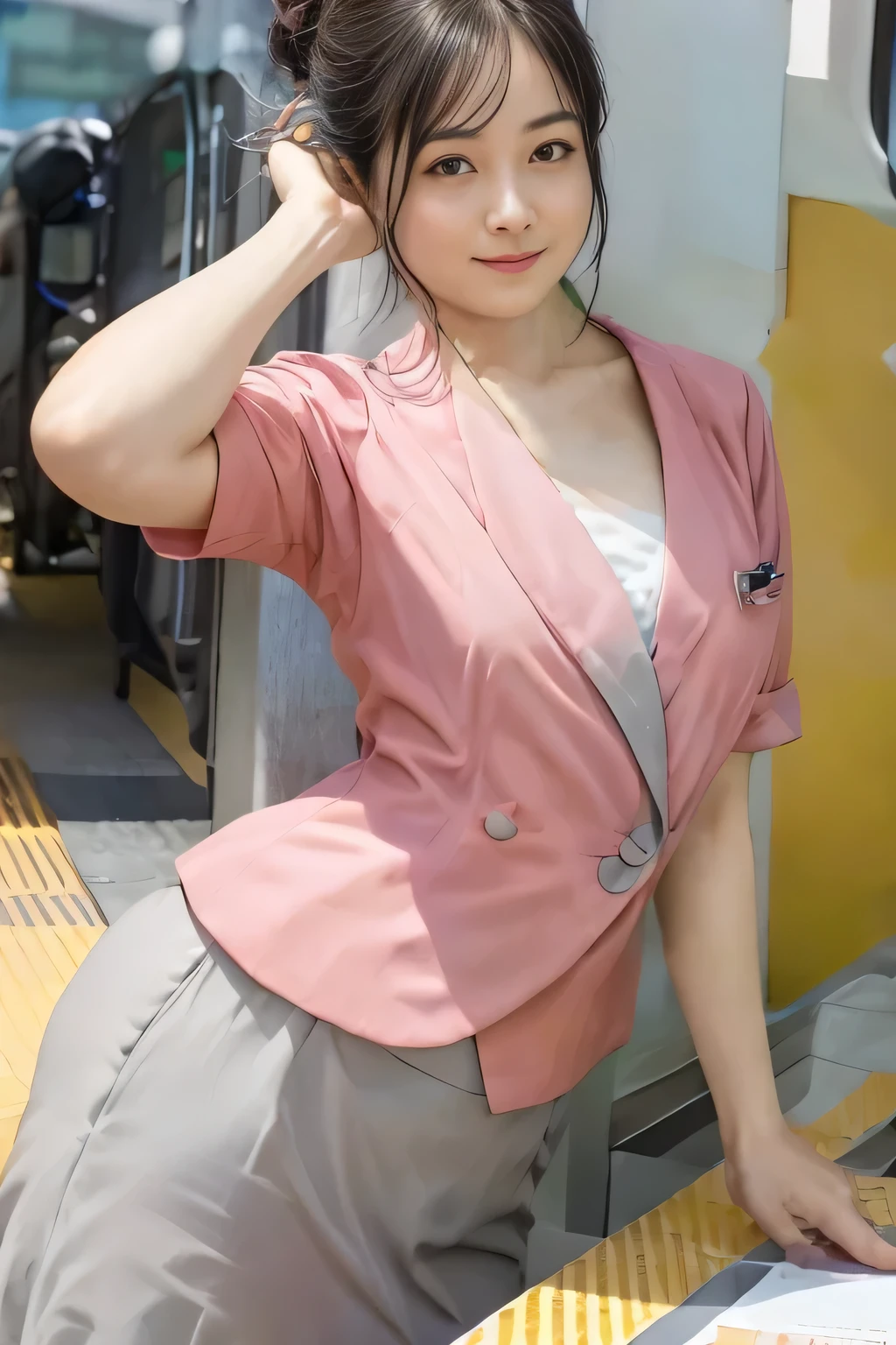 (masterpiece:1.2, Highest quality:1.2), 32k HDR, High resolution, (alone、1 girl)、 (Height: 160cm)、(On the rooftop of a building in the daytime、Professional Lighting)、Building rooftop background、(Nankai train crew uniform pinkを着たリアルスタイル)、(Nankai train crew uniform pink short sleeve collarless pink jacket、Nankai Train Crew Uniform Pink Collarless Short Sleeve Blouse、Nankai Train Crew Uniform Pink Grey Knee-length Culottes)、(The pink jacket is showing from the culottes.)、Dark brown hair、(Hair tied up、Hair tied up、Evening curly hairstyle)、Dark brown hair、Long Shot、Big Breasts、Thin legs、((Great hands:2.0)),((Harmonious body proportions:1.5)),((Normal limbs:2.0)),((Normal finger:2.0)),((Delicate eyes:2.0)),((Normal eyes:2.0)))、smile、(Nankai Train Crew Uniform Pink Grey Knee-length Culottesを見せた美しい歩く姿)、Place your hands around your stomach、Lanyard employee ID card