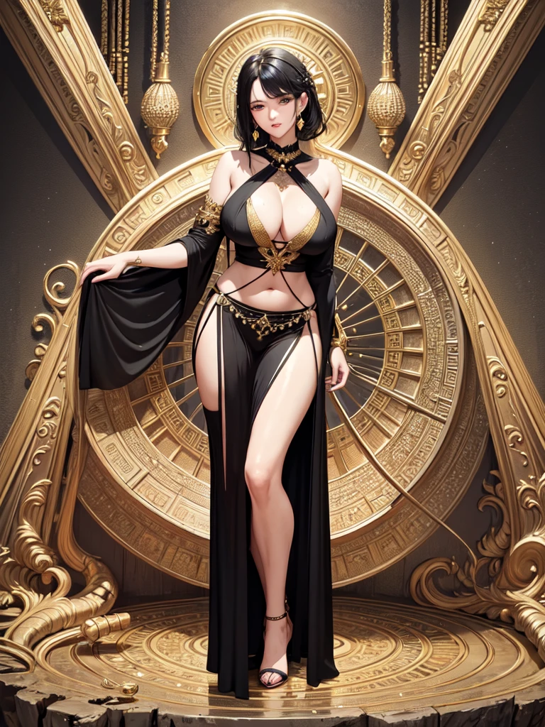 (masterpiece, top quality, best quality, official art, beautiful and aesthetic:1.2), (1girl), black hair, black eyes, voluptuous, black gown and robe, big chest, beautiful shoulders, beautiful navel, beautiful thighs, beautiful legs, diamonds, gold, silver, paladium, titanium, mithril, extremely detailed anatomy, extremely detailed everything, ornament, Ancient lost technology, (fractal art:1.3), all 7 of colors, colorful, HD image, wide angle, top to toe, full body, highest detailed.