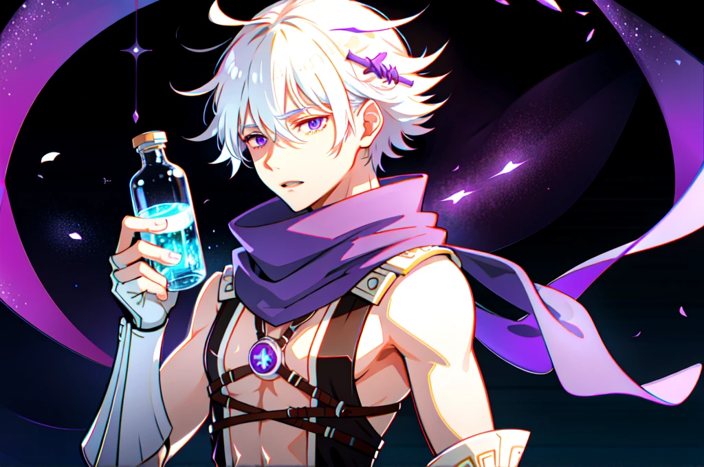 1 male, white hair, handsome, purple eyes, Hand holding a scientific flask, Moderate breath ,scarf, science laboratory background, medicine stall, Trial bottle, Trial bottleรูปกระโหลกคริสตัลสีแดง, light particles, Magical light, daytime