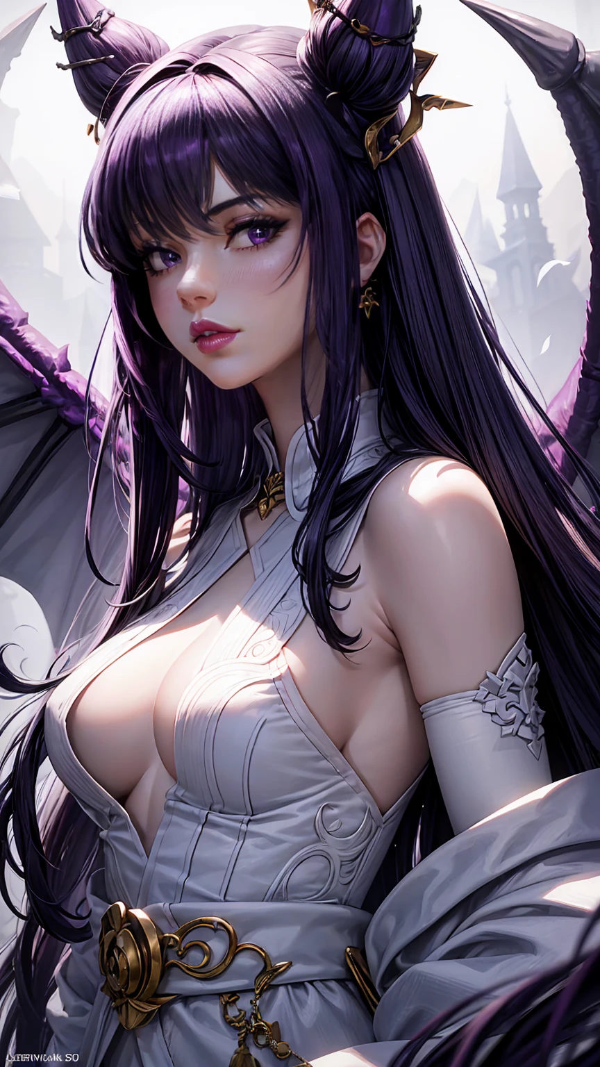 16K, Ultra High Definition, Super detailed, Shiny detailed hair, detailed face, fantasy landscape, solo, looking at viewer, close-up shot, {{best quality}}, {{masterpiece}}, {{ultra-detailed}}, {detailed light}, {{purple snake eyes}}, beautiful lips, {{black straight hair}}, long hair, dragon ears, {{purple dragon horns}}, beautiful purple earrings, white kimono with purple details, white futuristic sneakers with purple details, young girl, beautiful, skinny body, white skin, slutty, erotic, suggestive, {{nsfw}}