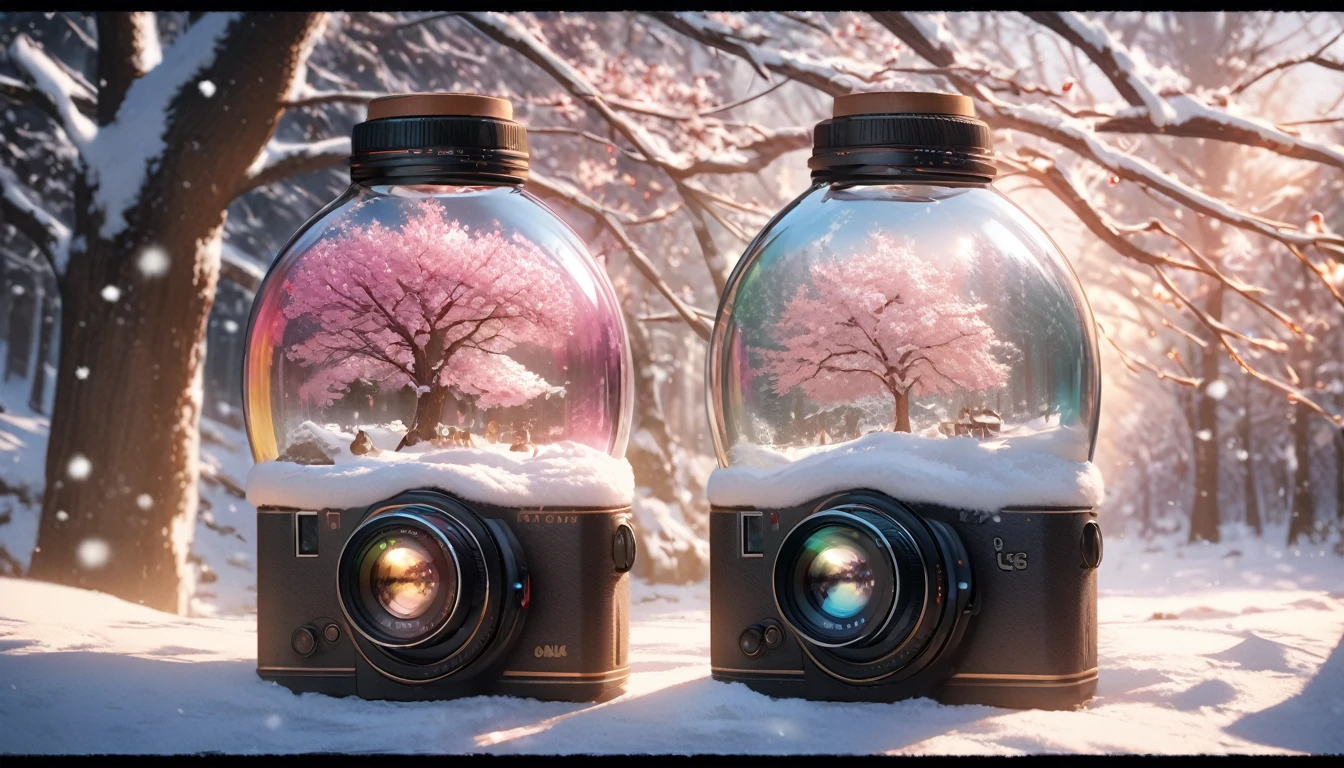 Cherry tree in a bottle, Fluffy, Practical, Atmospheric light refraction, Outside the bottle is a winter snowy forest,Photo by Lee Jeffries, Nikon d850 film stock photos 4 Kodak portra 400 camera f1.6 Guns, rich and colorful, ultra Practical Practical textures, Winter snow, Unreal Engine Trends 800 on artstation cinestill, Style - Glass