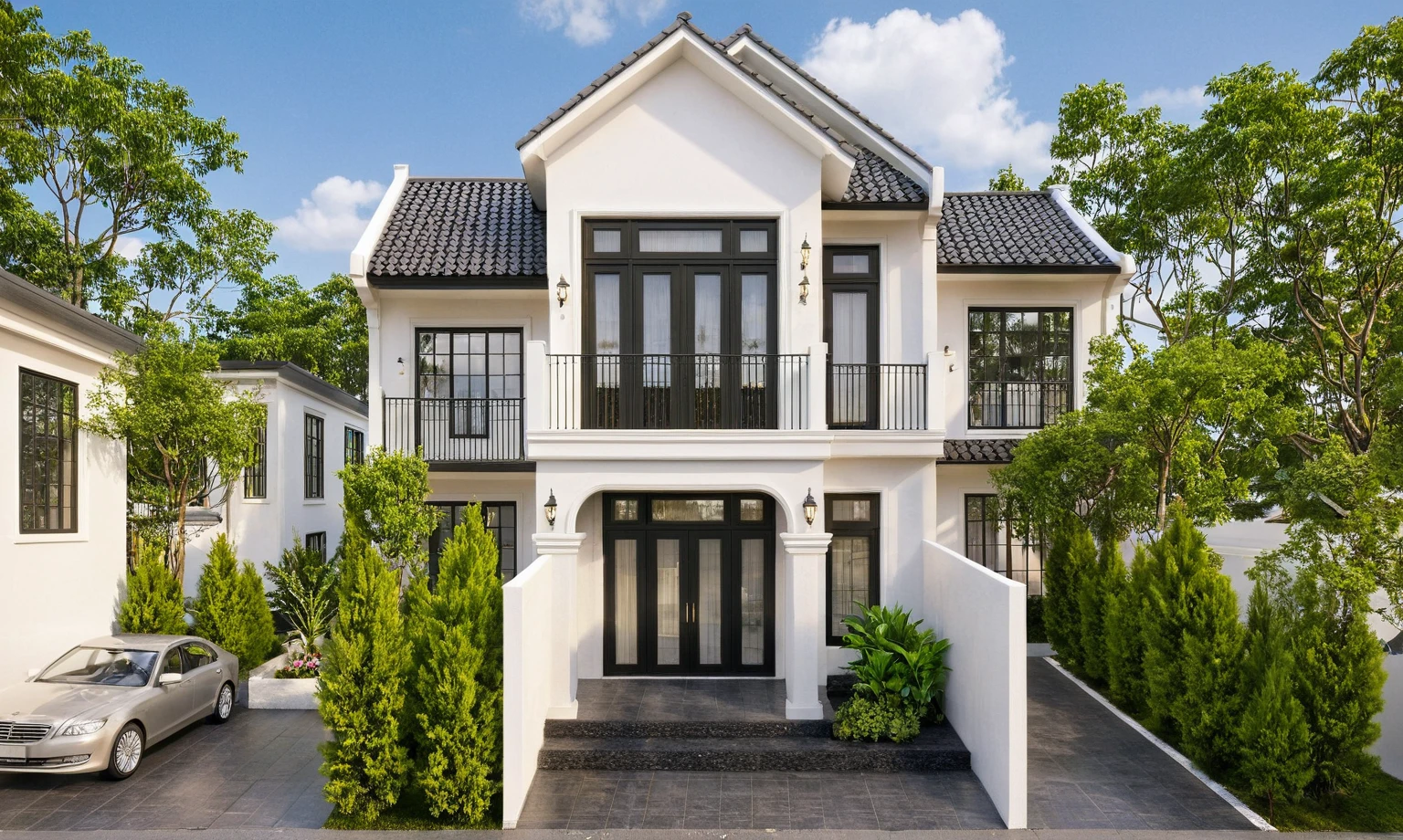 Raw photo,Masterpiece, high quality, best quality, authentic, super detail,
exterior, outdoors, house style indochine on the street ,aiaigroup
road,pavement, grass, trees, sky, cloud, (day:1.1)