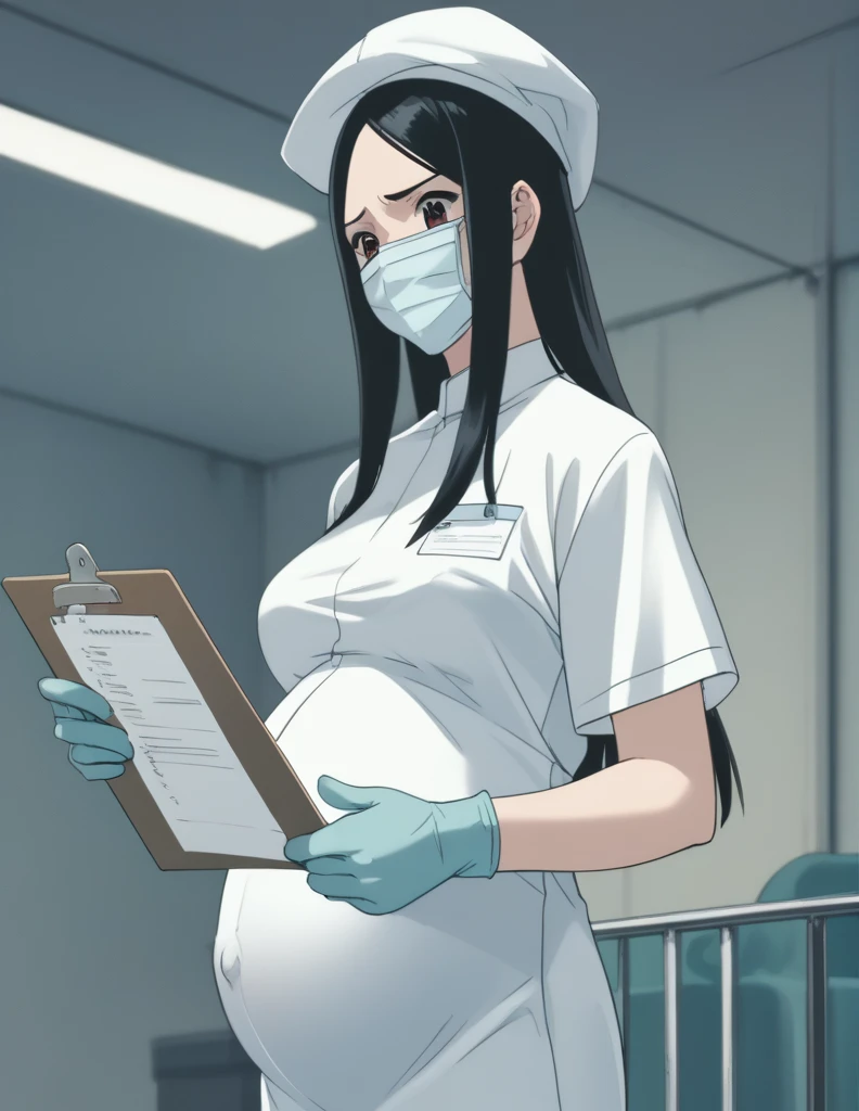 Score_9, Score_8_up, Score_7_up, source_anime, Kasuga no Rei, shy expression, pale skin, long hair, scrubs, surgical mask, surgical cap,
1 girl, pregnant, solo, latex gloves, clipboard, looking down, frown, privacy screen hospital bed standing