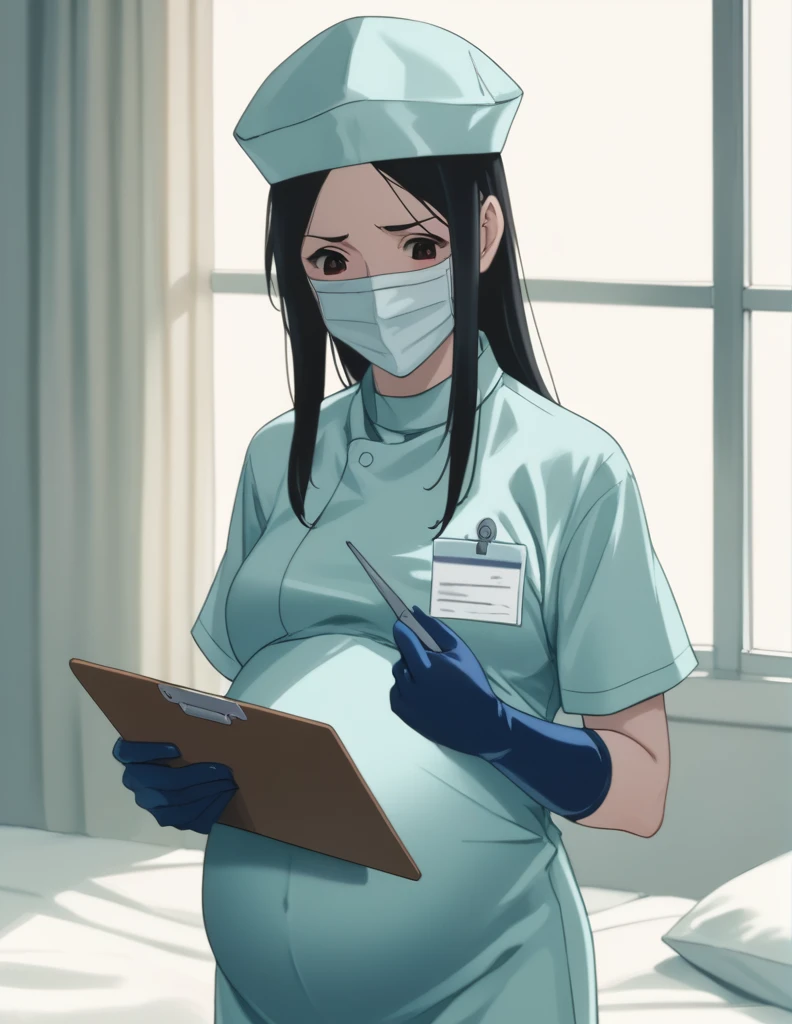 Score_9, Score_8_up, Score_7_up, source_anime, Kasuga no Rei, shy expression, pale skin, long hair, scrubs, surgical mask, surgical cap,
1 girl, pregnant, solo, latex gloves, clipboard, looking down, frown, privacy screen hospital bed standing