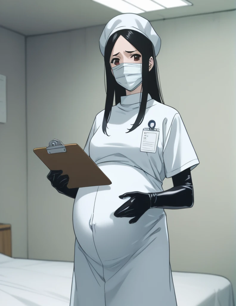 Score_9, Score_8_up, Score_7_up, source_anime, Kasuga no Rei, shy expression, pale skin, long hair, scrubs, surgical mask, surgical cap,
1 girl, pregnant, solo, latex gloves, clipboard, looking down, frown, privacy screen hospital bed standing