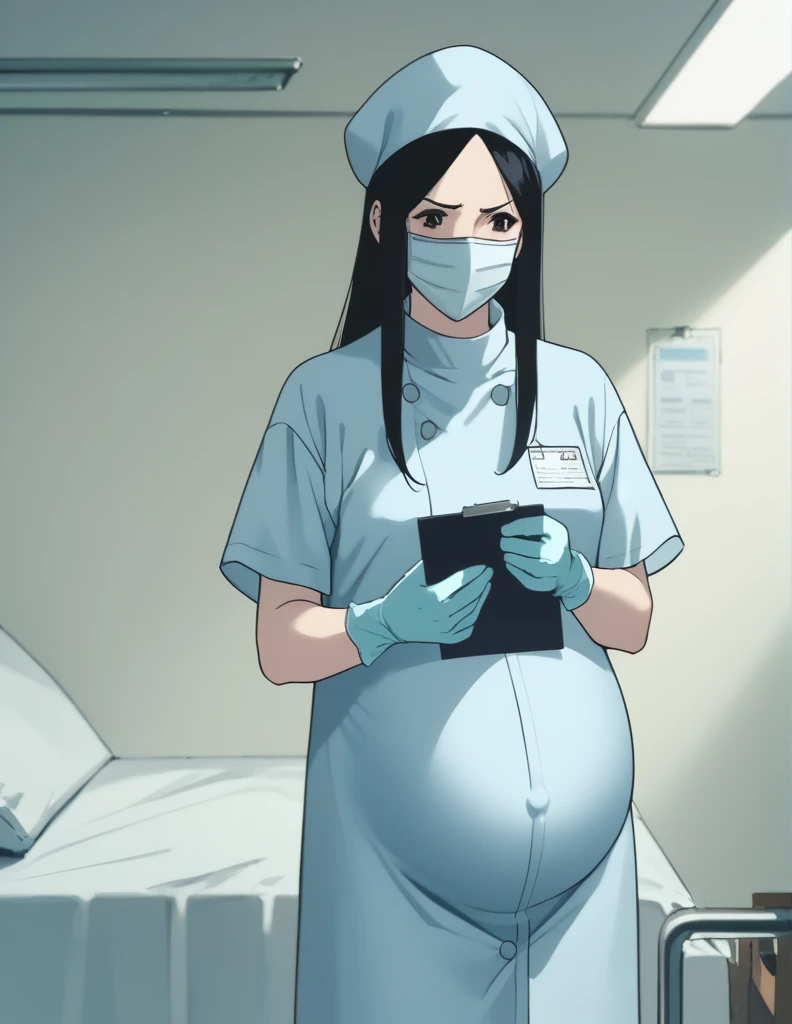 Score_9, Score_8_up, Score_7_up, source_anime, Kasuga no Rei, shy expression, pale skin, long hair, scrubs, surgical mask, surgical cap,
1 girl, pregnant, solo, latex gloves, clipboard, looking down, frown, privacy screen hospital bed standing