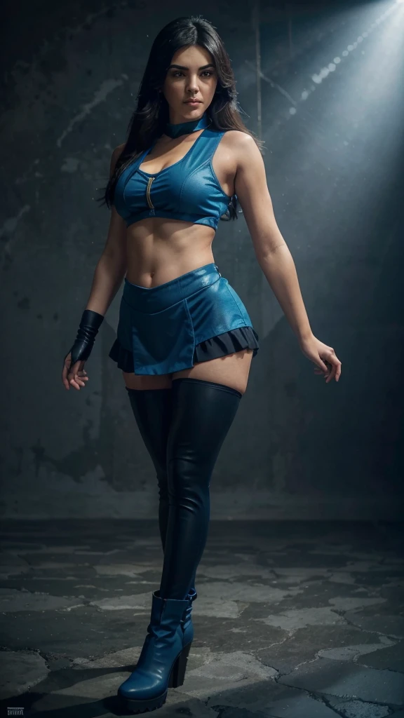full body length, aesthetic anatomy, Maite Perroni wears Aqua outfit from KonoSuba's anime, tight sleeveless dark blue vest, swipe dark blue skirt, hightights dark blue boots, dynamic angle, highly detailed, natural details, masterpiece, 4K quality, 8k resolution
