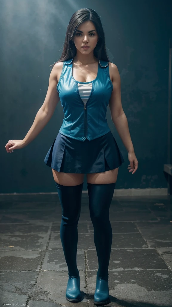 full body length, aesthetic anatomy, Maite Perroni wears Aqua outfit from KonoSuba's anime, tight sleeveless dark blue vest, swipe dark blue skirt, hightights dark blue boots, dynamic angle, highly detailed, natural details, masterpiece, 4K quality, 8k resolution 
