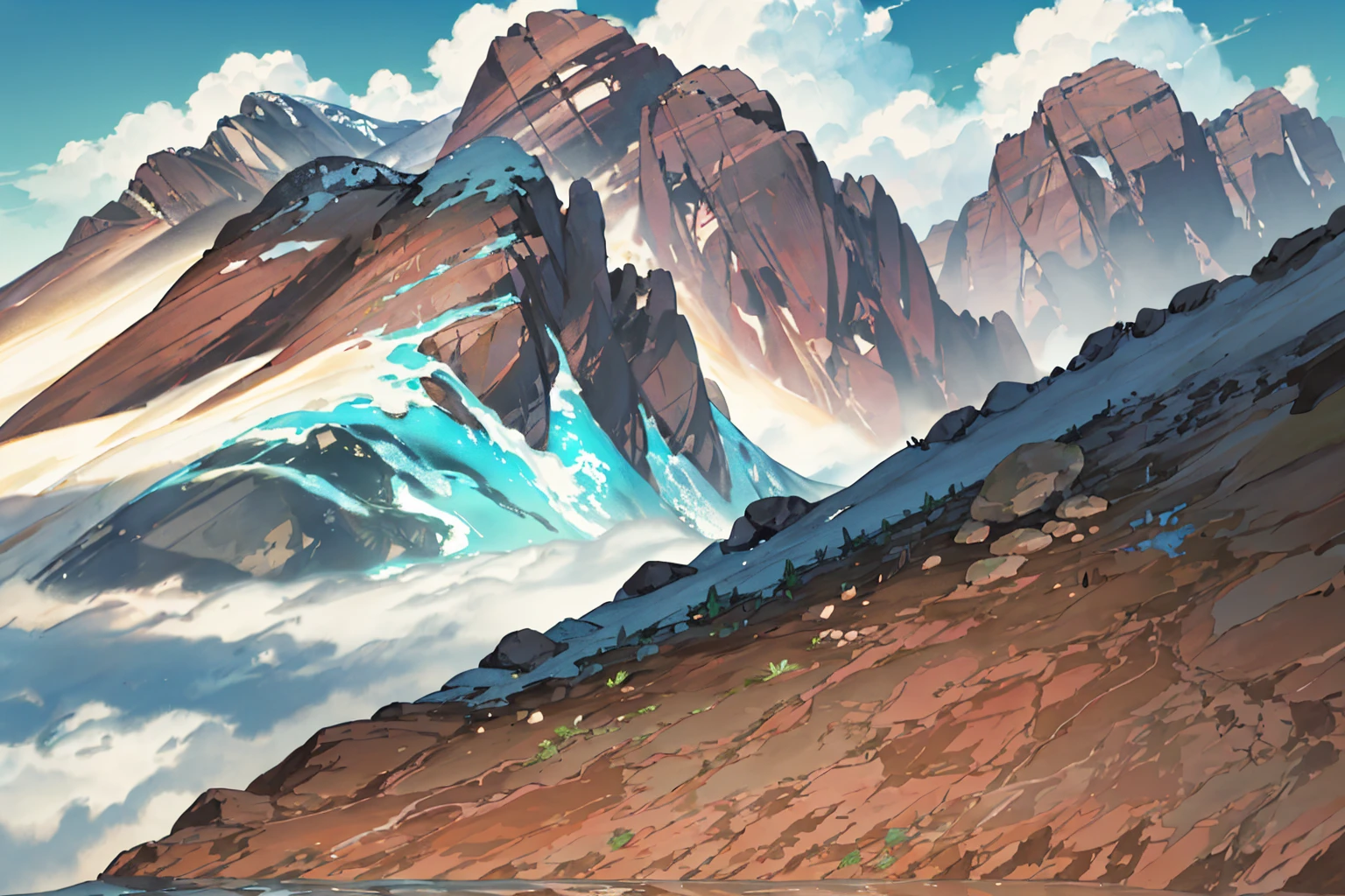 summer, brown rock area, brown rock formation, (illustration : 1.0), Narrative composition, realistic lighting, HD detail, masterpiece, best quality best, (Highly detailed CG integrated 8k wallpaper), wide and flat rocky area, A small, sharp, rough rock at the top of the screen.