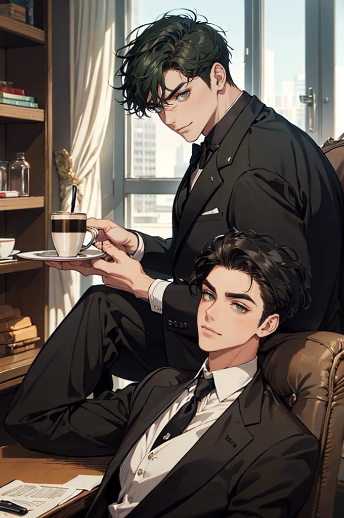 ((a young man in a black suit and tie)), taken in the early 2020s, gotham, alejandro, he looks very sophisticated, (((left side swept black short hair))), (dark green eyes and thick eyebrows), smirk. ((20 years old)), ((Black suite and black tie)), masterpiece, posture dynamic, one person,A cup of coffee in his hand