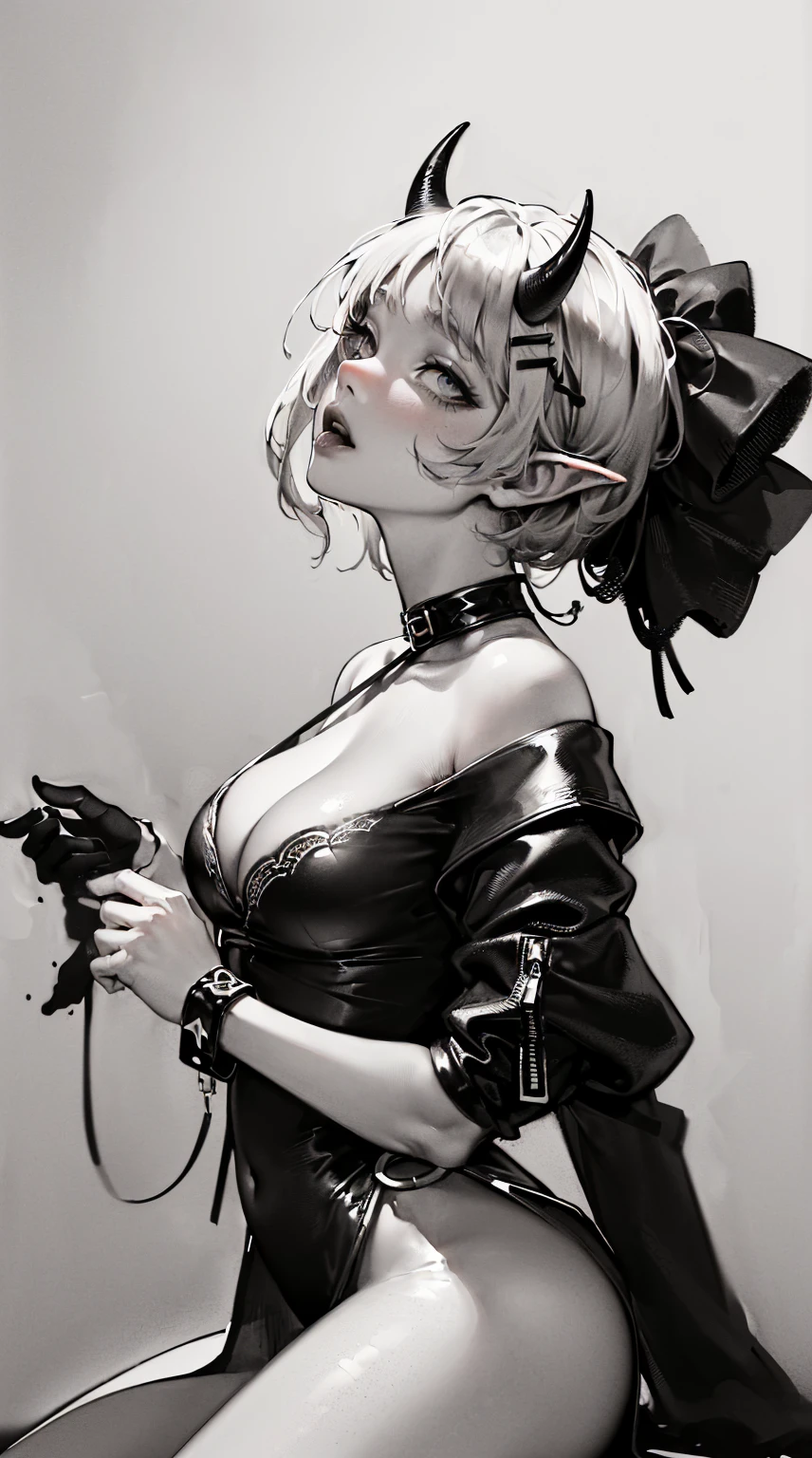 (((((((ink painting,monochromatic world, using only shades of black, white, and gray,Dark Style, grim,))))))(((cleavage dress,BDSM,))) (((saliva,tongue from mouth,blush:1.2，Veil,baggy cuffs,off shoulders)))，(zentangle:1.2), (geometric:1.2), ((1girl,under-aged,amazing,sharp focus,seductive girl，solo，full body:1.2))(Masterpiece,Best quality, offcial art, Beautiful and aesthetic:1.2),((Ultra-high resolution,Golden ratio,)) (16K),((upper upper shot,close of face:1.2,focus on face:1.2,succubi,sagging breasts)),(Physically-based rendering),Sharp focus, (((highdetailskin,))),Intricately detailed clothing，Delicate pupils,heart pupils,crimson pupils,Danfeng Eye,((((detailed hair|short hair|steep bangs|Long bold side bangs|top bow)))),slender,(masterpiece sidelighting),(The sheen),(beautiful hair,beautiful eyes,）((unbelievable Ridiculous,blur background,)),((extremely_Detailed_eyes_and_face)),Movie girl,(Dynamic configuration: 1.2),Brilliant,Glossy, (Photorealistic), mitts, ((hairpin)), two-sided fabric,disheveled hair,Ultra-precise depiction, Ultra-detailed depiction, Tiefling horns, sexy poses