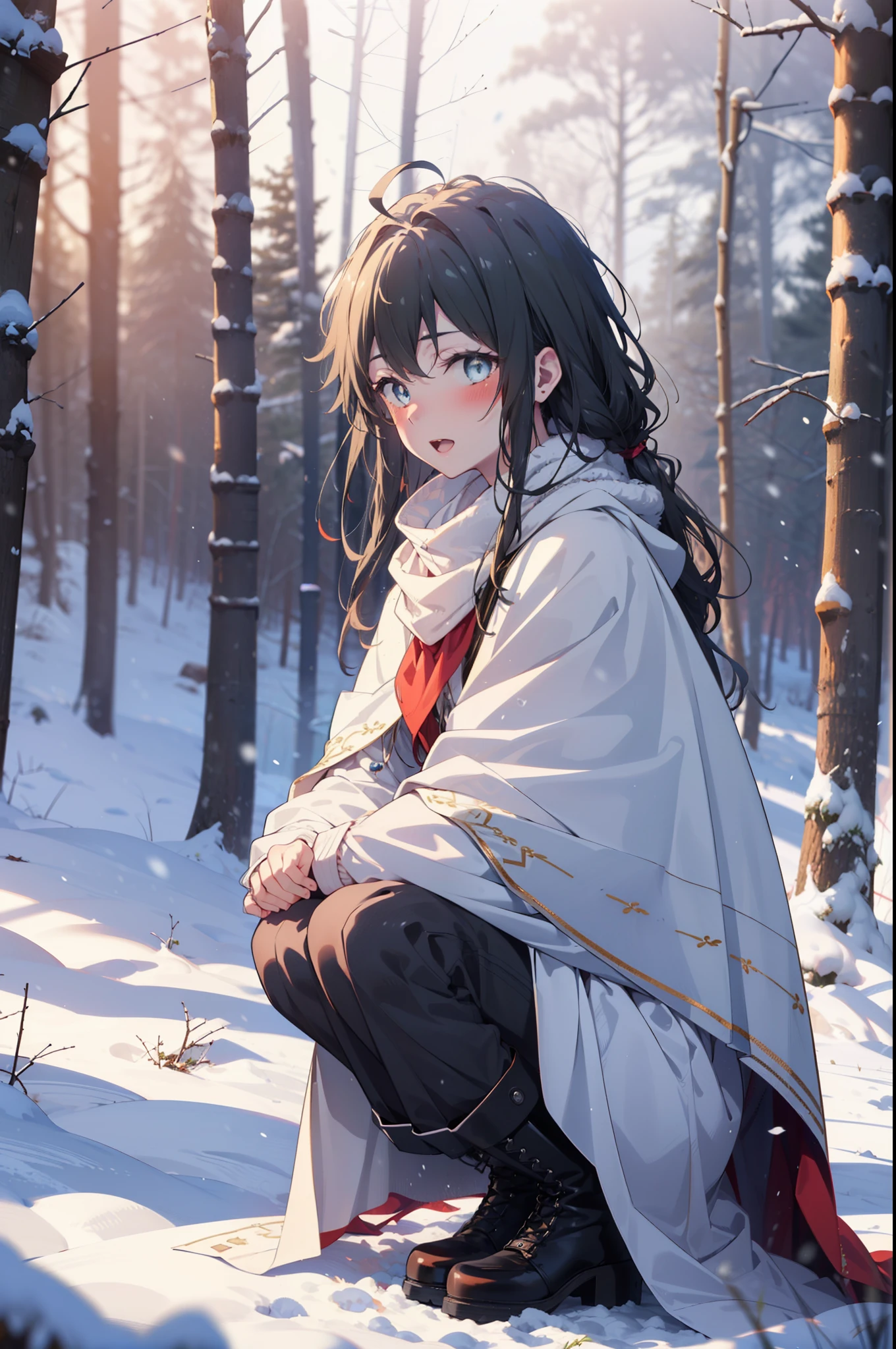 Yukino, yukino yukinoshita, Black Hair, blue eyes, Long Hair, Ahoge,smile,blush,White Breath,
Open your mouth,snow,Ground bonfire, Outdoor, boots, snowing, From the side, wood, suitcase, Cape, Blurred, forest, White handbag, nature,  Squat, Mouth closed, フードed Cape, winter, Written boundary depth, Black shoes, red Cape break looking at viewer, Upper Body, whole body, break Outdoor, forest, nature, break (masterpiece:1.2), Highest quality, High resolution, unity 8k wallpaper, (shape:0.8), (Beautiful and beautiful eyes:1.6), Highly detailed face, Perfect lighting, Extremely detailed CG, (Perfect hands, Perfect Anatomy),