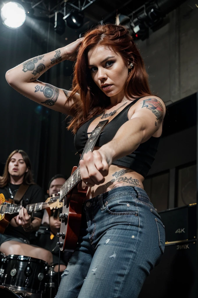 redhead girl,punk style,black les paul guitar,70s concert stage,tattoos,angry expression,rage,jeans,white shirt,(best quality,4k,8k,highres,masterpiece:1.2),ultra-detailed,(realistic,photorealistic,photo-realistic:1.37),detailed eyes,detailed lips,extremely detailed face,longeyelashes,dramatic lighting,vibrant colors,heavy metal,rock music
