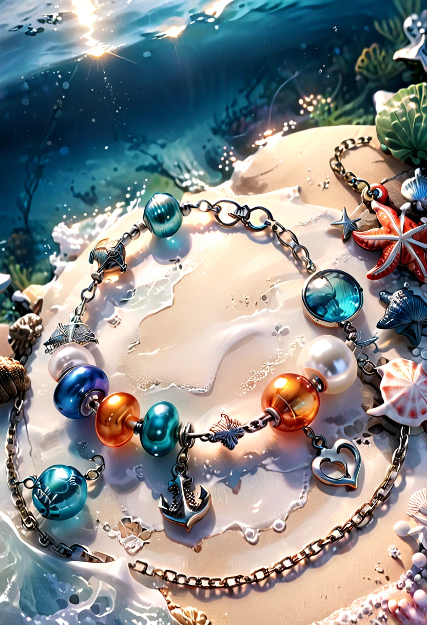 A shiny silver bracelet, on the wrist, (marine-themed charms:1.5), pearls, transparent colorful beads, delicate thin chain, (best quality, 4k, 8k, highres, masterpiece:1.2), ultra-detailed, (realistic, photorealistic, photo-realistic:1.37), intricate jewelry design, exquisite craftsmanship, shimmering metallic, ocean-inspired, iridescent pearls, vibrant hues, delicate filigree, elegant accessory, feminine aesthetics, close-up, detailed texture, soft focus, warm lighting
